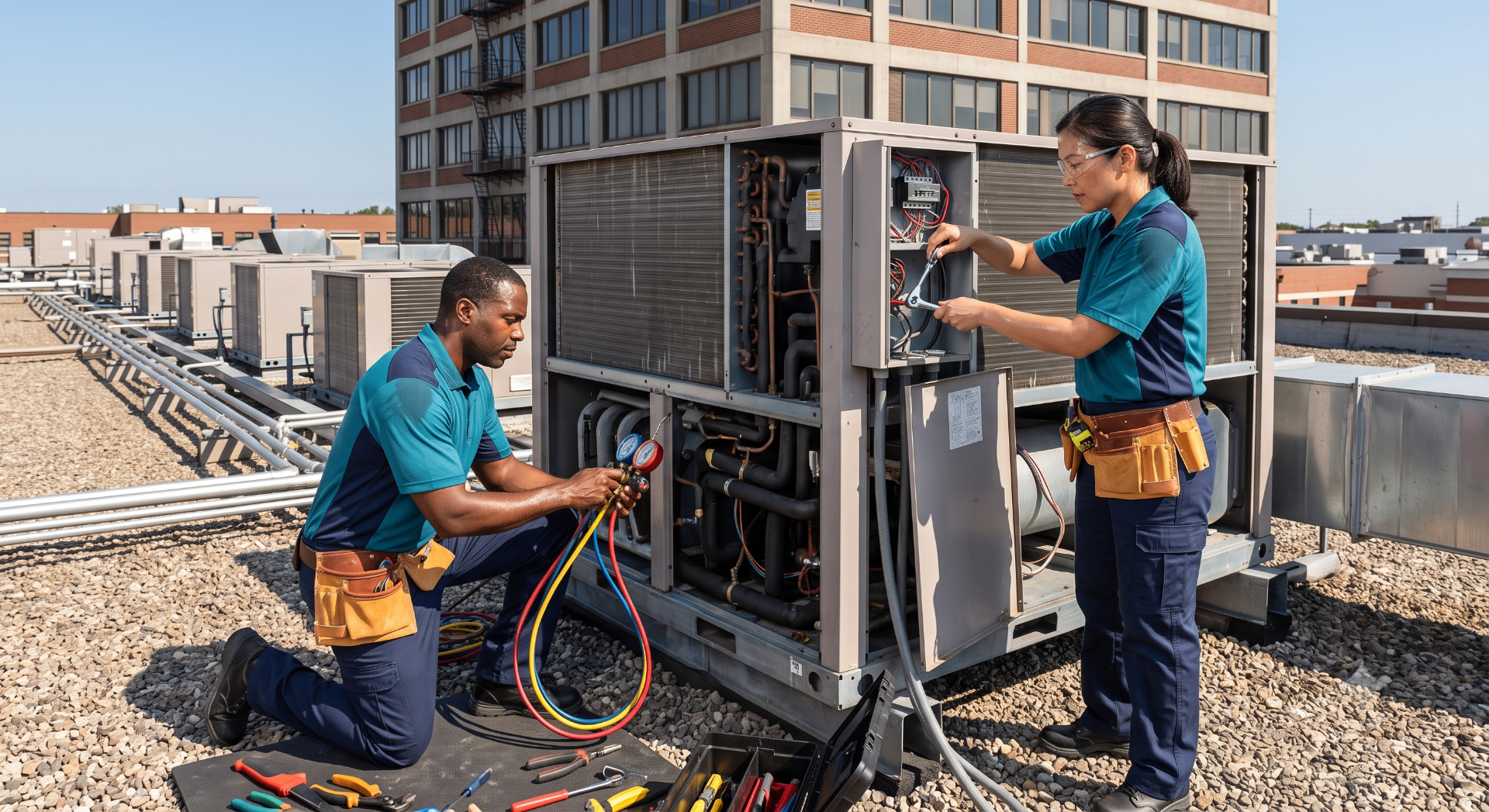 T. Mechanical technicians servicing a rooftop chiller