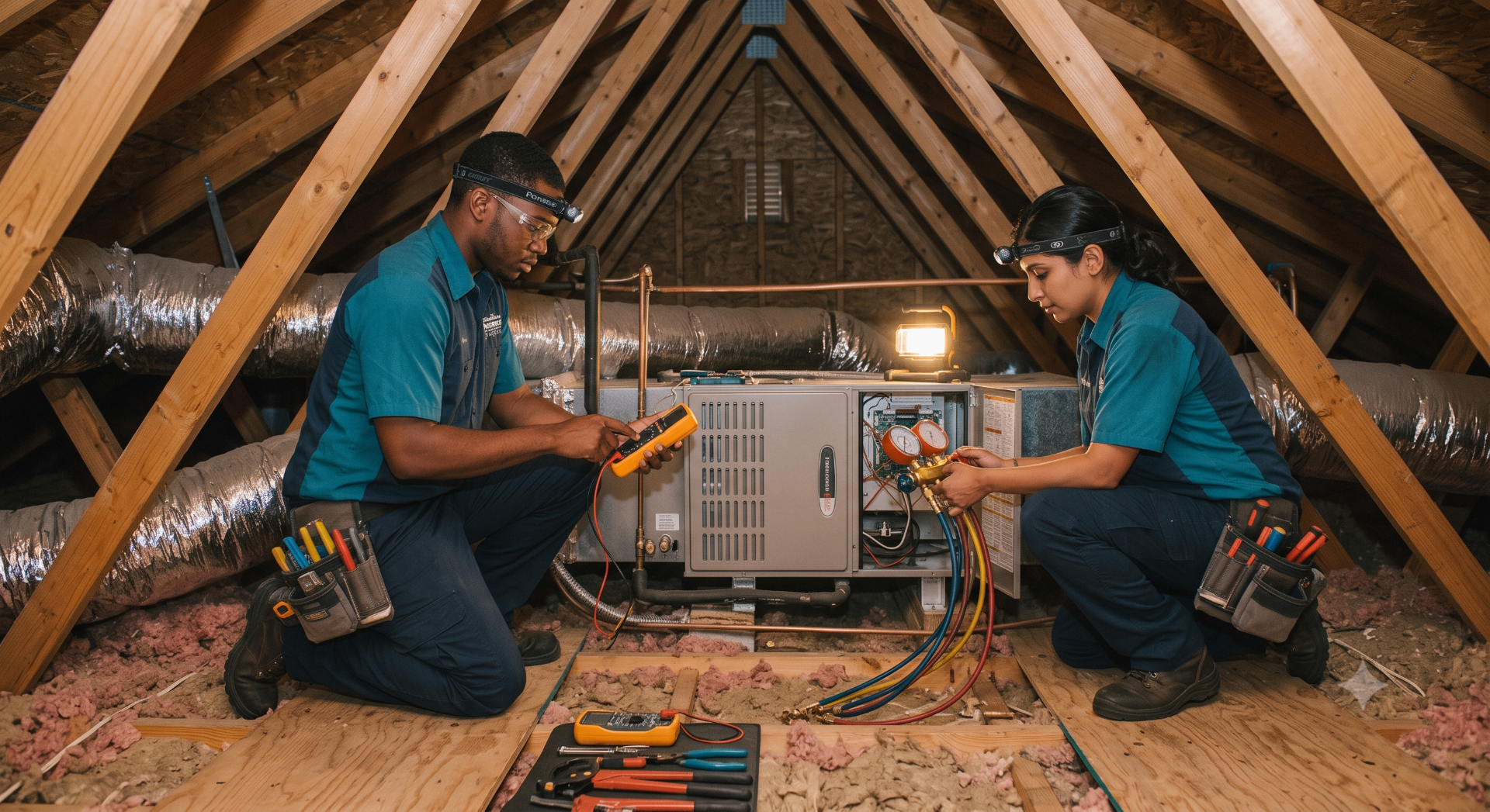 Technicians diagnosing an attic furnace
