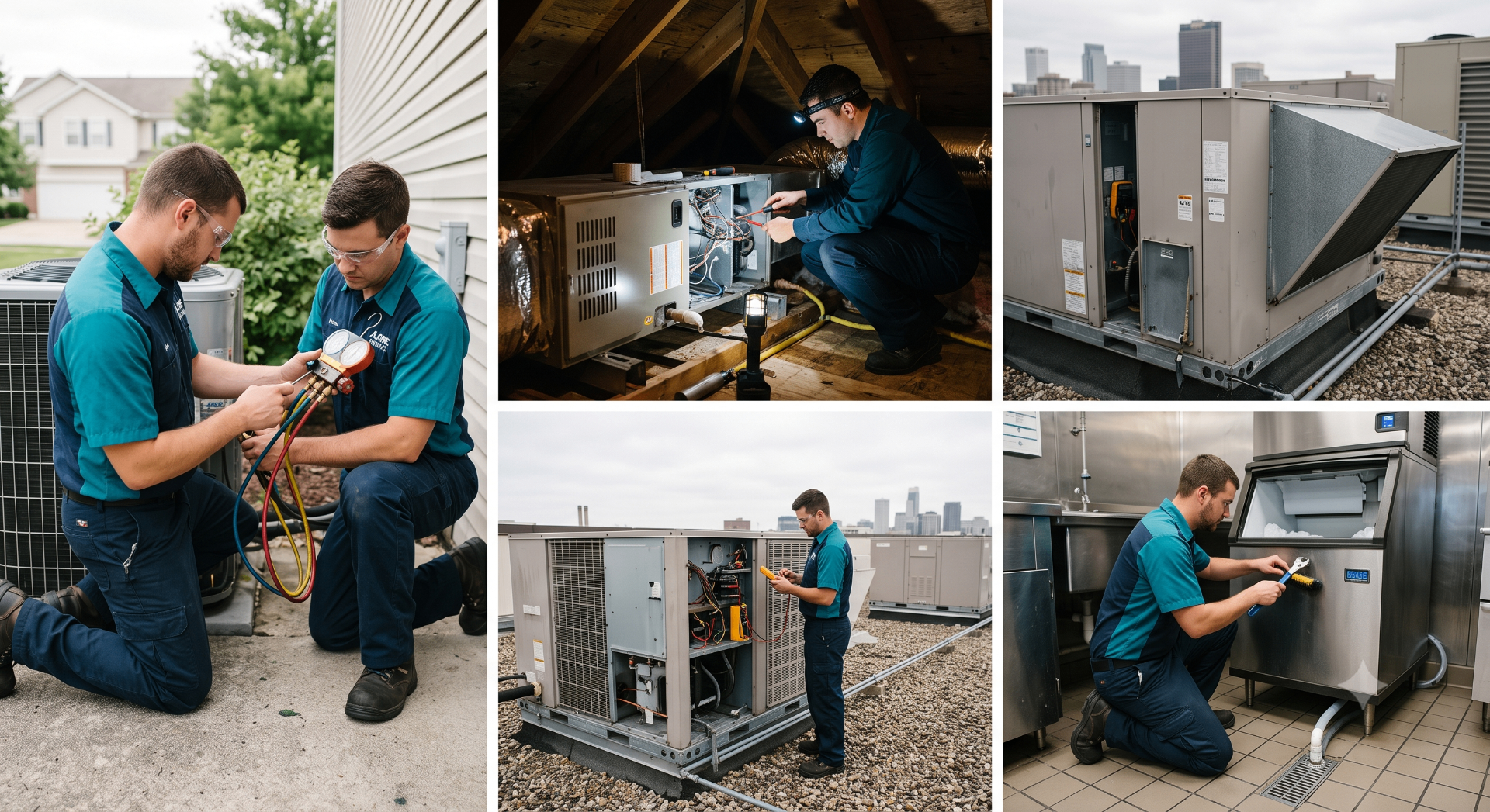 T. Mechanical work across residential, commercial rooftop, attic, and restaurant sites